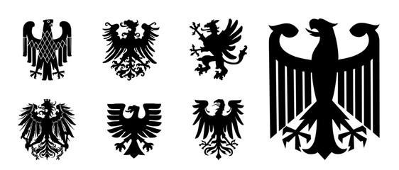 Wall Mural - Coat of Arms of Germany black wild eagle vector silhouette illustration Bundesadler isolated. Heraldry bird spread wings national Deutschland symbol. Heraldic Brandenburg COA. Patriotic emblem banners