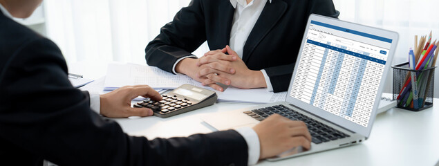 Poster - corporate accountant team use accounting software on laptop to calculate and maximize tax refund and