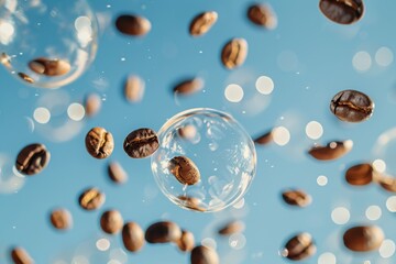 Wall Mural - A bunch of coffee beans are floating in the air above a blue sky