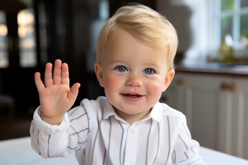 Wall Mural - A baby boy is sitting on a table and waving his hand