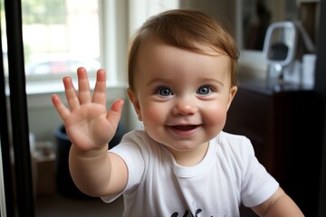 Wall Mural - A baby boy is sitting on a table and waving his hand