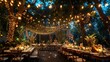A picturesque outdoor venue transformed into a magical garden party, with twinkling fairy lights strung among lush foliage and elegant tables set for an enchanting soir
