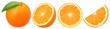 Orange fruit with leaves, half and slices isolated, Orange fruit macro studio photo, transparent PNG, collection, PNG format