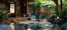 Japanese Hot Spring Bath. Tradaitonal Style Architecture Ryokan. Wide Format. Hand Edited AI. 
