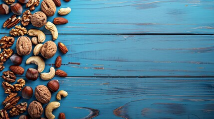 banner Various nuts on wooden surface on one side with cope space blue background