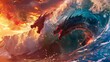 The majestic allure of a dragon surfing a fiery wave in vibrant
