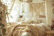A boho-inspired bedroom with a canopy bed covered in flowing fabric. rattan furniture and plants hanging from macrame hangers. Reminiscent of natural beauty and tranquility.