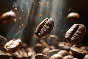 Wall Mural - A close up of coffee beans in the air, with some of them falling to the ground