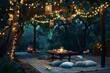 A Boho-inspired outdoor dining area with a low table, floor cushions, and string lights hanging from a canopy of trees, perfect for intimate gatherings and al fresco dining