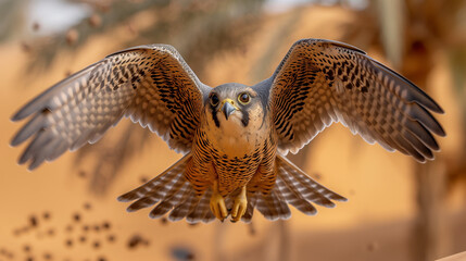 A majestic falcon in action flying towards the lens of the camera