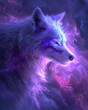 Phantasmal neon wolf, iridescent coat glowing, immersed in swirling psychic energy waves