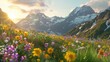 A serene alpine meadow dotted with colorful wildflowers, framed by snow-capped peaks and bathed in the soft glow of the setting sun,