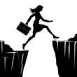 Silhouette of a Businesswoman jumping over cliffs. Business risk and success concept. Vector illustration