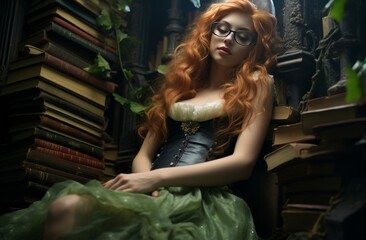 Wall Mural - A woman with long red hair and glasses is sleeping on a green couch