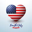 4th of July Independence Day of the USA Vector Illustration with American Flag in Heart. Fourth of July National Celebration Design with Typography Letter on Light Background for Banner, Greeting Card