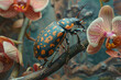 A scene of a beetle with an unusually patterned back, crawling along a branch laden with orchids, th