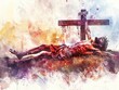 Jesus dies on the Cross. The Crucifixion and Death of Jesus. Digital watercolor paintin