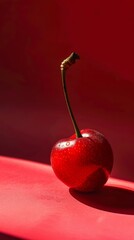 Wall Mural - A fresh cherry with water droplets isolated against a vibrant red background, with dramatic lighting and shadows