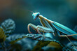 An image of a mantis on a leaf at night, its body reflecting the muted colors and shadows of the eve