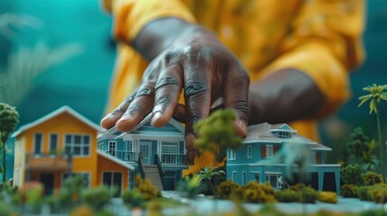 Wall Mural - person's hand placing a miniature bungalow with a ramp on a diorama of a neighborhood. the background is teal