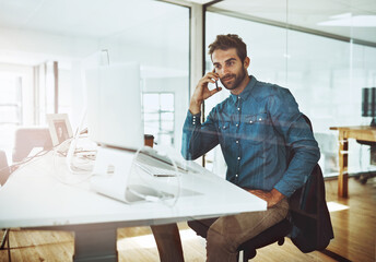 Poster - Working, laptop and businessman with phone call in office for networking, discussion or talk with contact. Career, journalist or male person with mobile to connect, chat or technology for information