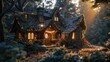 A quaint holiday cottage nestled in the woods, its windows glowing with the warmth of family gathering to celebrate the season together. 8k, realistic, full ultra HD, high resolution, and cinematic