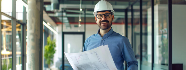 Wall Mural - An engineer, wearing a blue shirt and white helmet, holds a blueprint while standing inside an office adorned with glass walls.