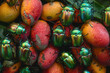 A photograph capturing a swarm of fruit beetles feasting on a ripe mango, their shiny green bodies c