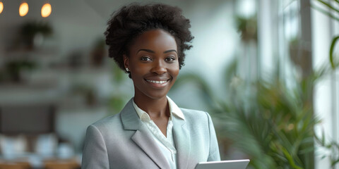 A businesswoman in a gray suit, holding a tablet and smiling, poses for a portrait on a light background with space for text.