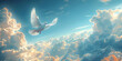 A white dove soars with outstretched wings against a clear blue sky, symbolizing peace and freedom in nature