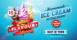Delicious Ice Cream Flyer Design with Classic Taste Sundaes on Blue Cloudy Sky Background. Vector Summer and Business Theme Illustration with Text Label for Postcard, Banner, Flyer, Greeting Card