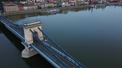 Poster - Panoramic view on skyline of Budapest city with Chain Bridge along Danube River. Architecture of capital of Hungary with historical buildings and famous landmarks