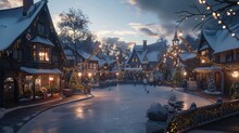 A Quaint Village Square Transformed Into A Winter Wonderland, With An Ice Rink Surrounded By Holiday Decorations And Cheerful Laughter. 8k, Realistic, Full Ultra HD, High Resolution, And Cinematic