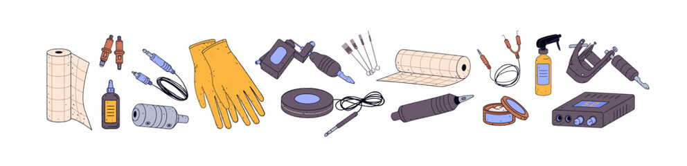 Wall Mural - Different professional equipment and accessories for tattoo. Various supplies, tool kit, instruments: machine, needles, gloves, ink jar, spray bottle, rca. Flat isolated vector illustration on white