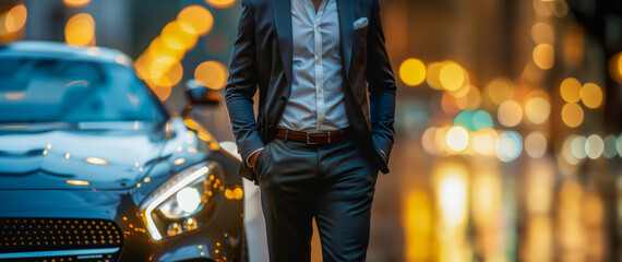 Wall Mural - A man in a suit is walking in front of a car