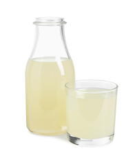 Sticker - Refreshing lemon juice in bottle and glass isolated on white