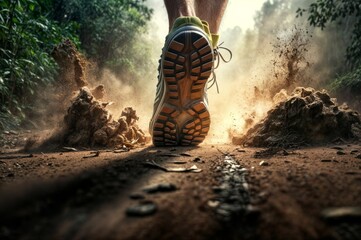 Running shoes on the dirt road in the forest, healthy lifestyle concept