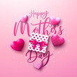 Happy Mother's Day Greeting Card Design with Hearts and Gift Box on Pink Background. Vector Mothers Day Illustration with Typography Lettering for Banner, Postcard, Flyer, Invitation, Brochure, Poster