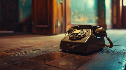 Vintage telephone standing on wooden floor in old house