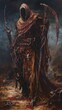 Capture the chilling essence of The Harvester of Sorrow in a detailed oil painting, showcasing the behemoths towering presence and the eerie landscape it traverses Emphasize the tattered robes, bloods
