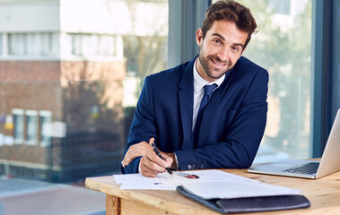 Poster - Portrait, laptop and businessman with paperwork for signing, reading and document in office. Contract, project agreement and consultant with new opportunity, deal or computer to connect in workplace