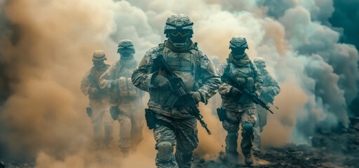 A group of soldiers are running through a cloud of smoke