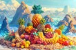 Illustrate the significance of Dietary Fiber using pixel art, with pixelated fruits and grains forming a sturdy foundation symbolizing digestive health and disease prevention in a modern and engaging