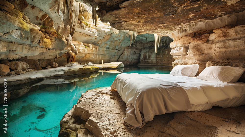 Comfortable cozy bed on stone cave, crystal blue water pool pond and ...