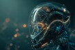 A cybernetic helmet with glowing lines and nodes on a dark background, representing innovative ideas in the digital world of technology and innovation. The scene is illuminated with soft lighting that