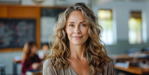 Sticker - A woman with long hair is smiling in front of a chalkboard