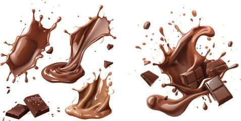 Poster - Realistic chocolate cream puddles, cocoa butter and bar pieces