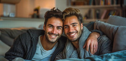 Wall Mural - Two men are sitting on a couch, smiling and hugging each other