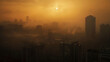 Aerial view urban cityscape with thick pm 2.5 pollution smog fog covering city high-rise buildings, orange yellow sunset sky