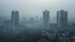 Aerial view urban cityscape with thick white pm 2.5 pollution smog fog covering city high-rise buildings